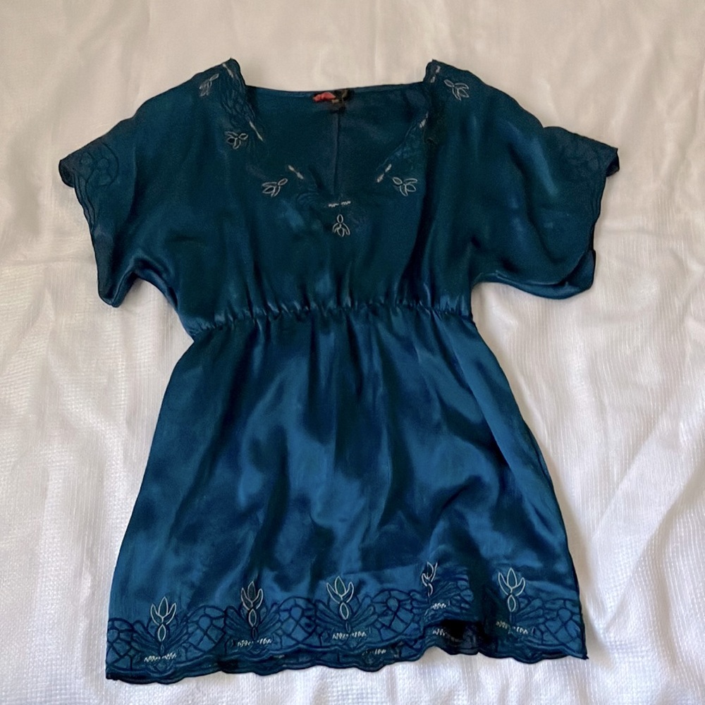 Beautiful embroidered satiny blue tunic blouse